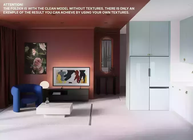 living room with kitchen no texture