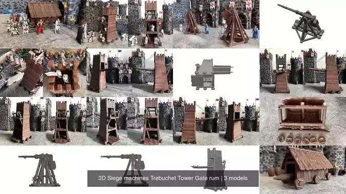 3D Siege machines Trebuchet Tower Gate rum 3D Model Collection