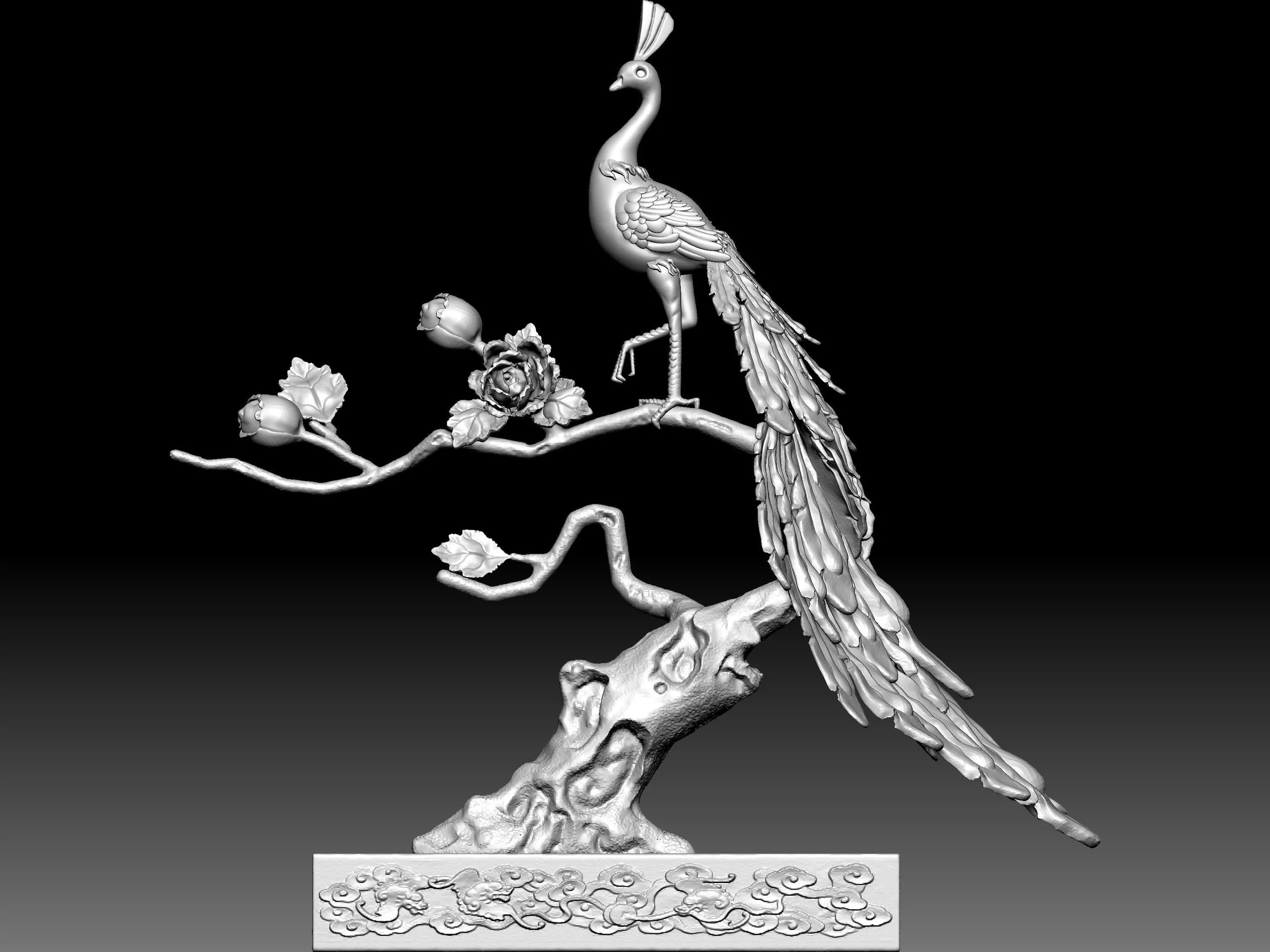 Peacock and Flowers 3D model_0