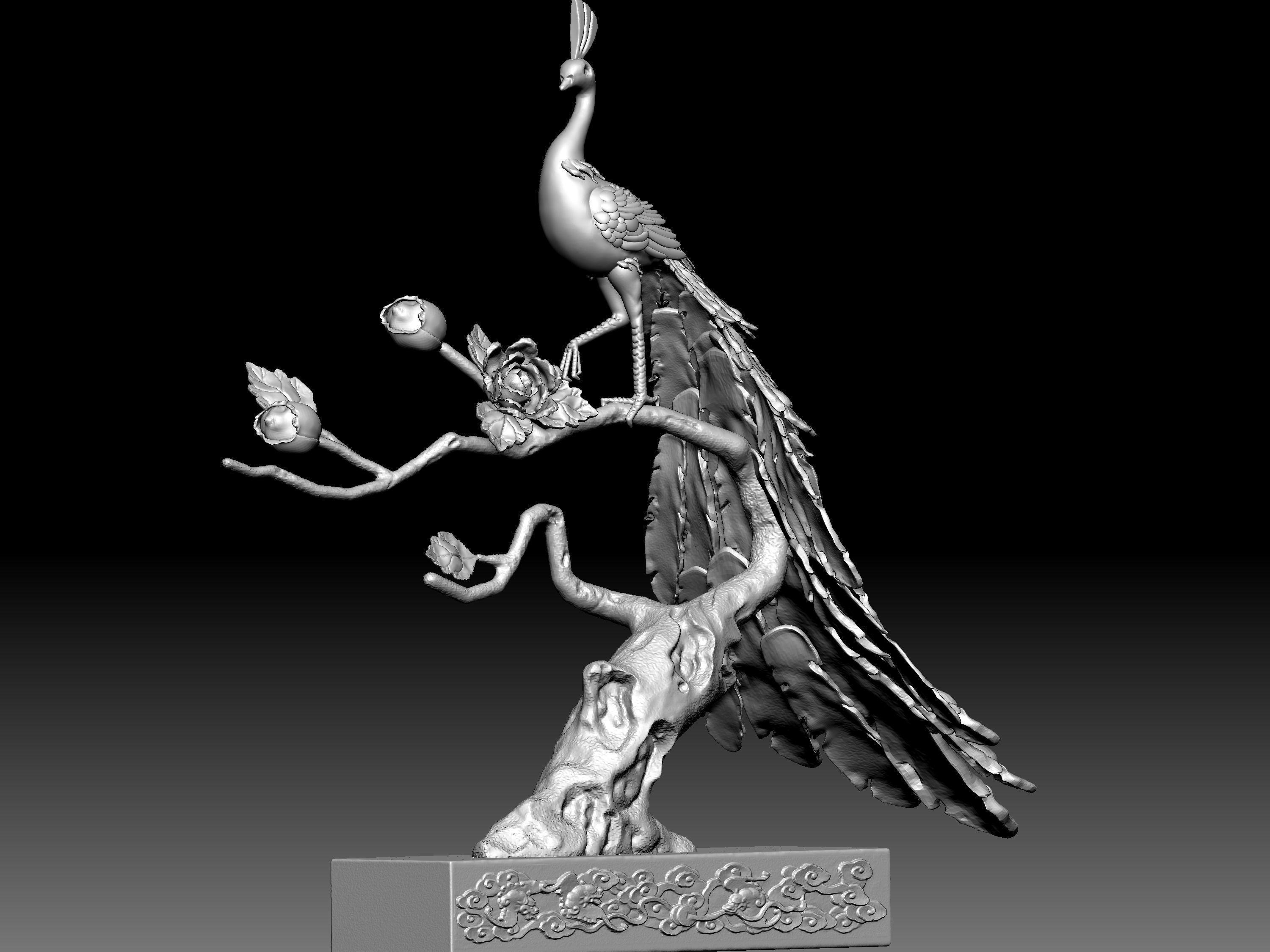 Peacock and Flowers 3D model_7