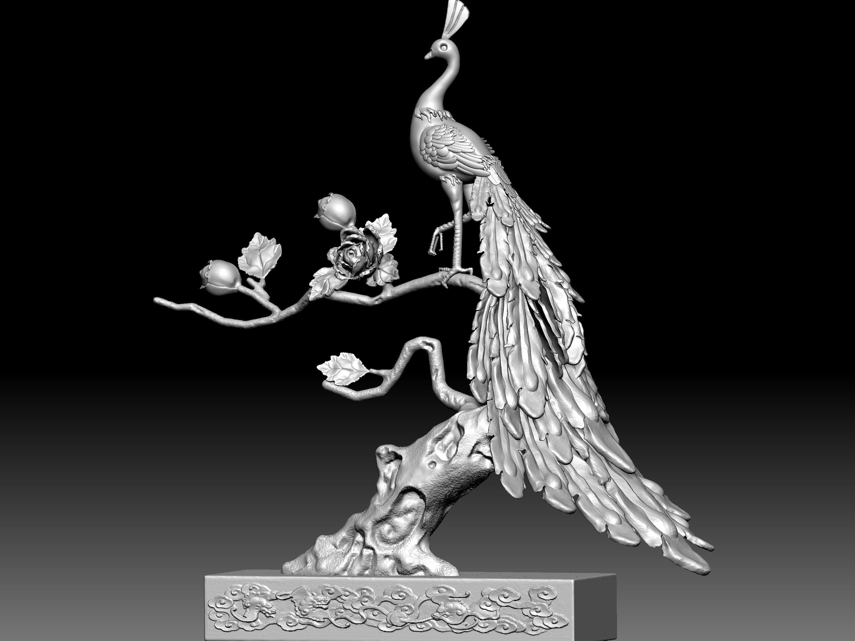 Peacock and Flowers 3D model_1