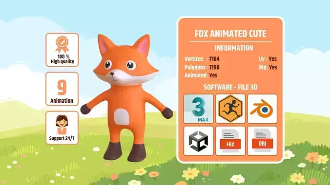 High-Quality 3D Cute Fox - Animated for Games