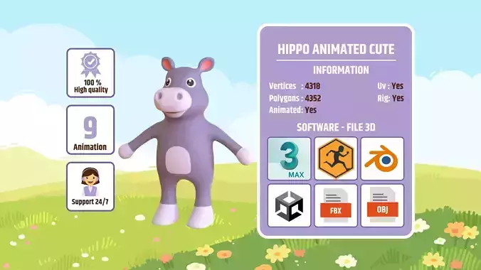 High-Quality 3D Cute Hippo - Animated for Games 