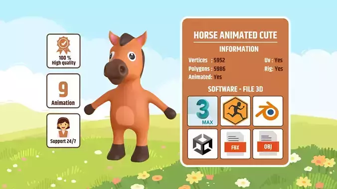 High-Quality 3D Cute Horse - Animated for Games Low-poly 3D model