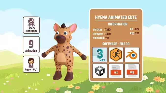 High-Quality 3D Cute Hyena - Animated for Games  Low-poly 3D model