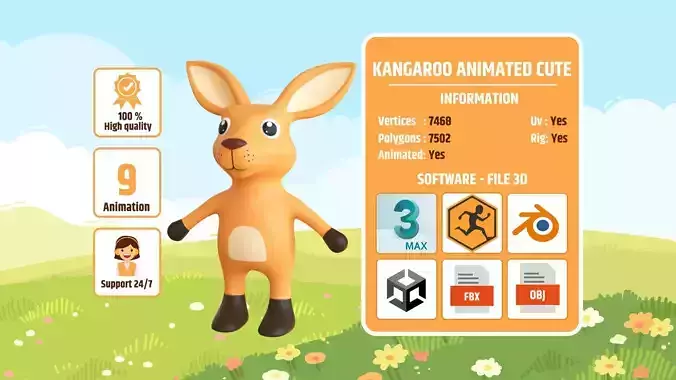 High-Quality 3D Cute Kangaroo - Animated for Games