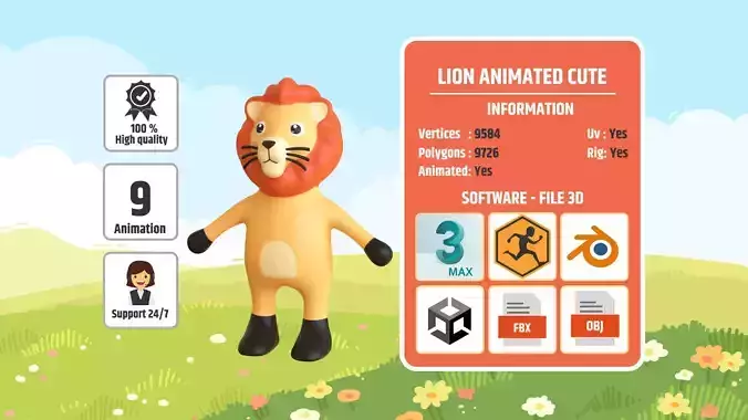 High-Quality 3D Cute Lion - Animated for Games  Low-poly 3D model