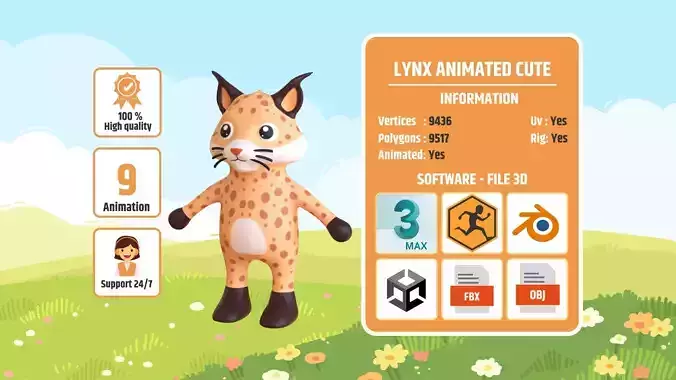 High-Quality 3D Cute Lynx - Animated for Games Low-poly 3D model