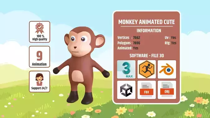 High-Quality 3D Cute Monkey - Animated for Games  Low-poly 3D model