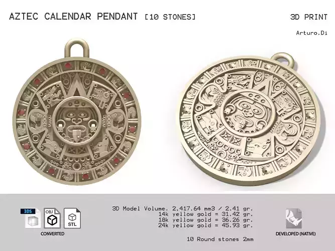 Aztec Calendar Pendant with 10 stones