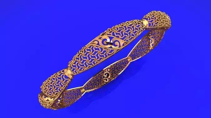 1364 Shaped Gold Lattice Bangle with Scroll Details