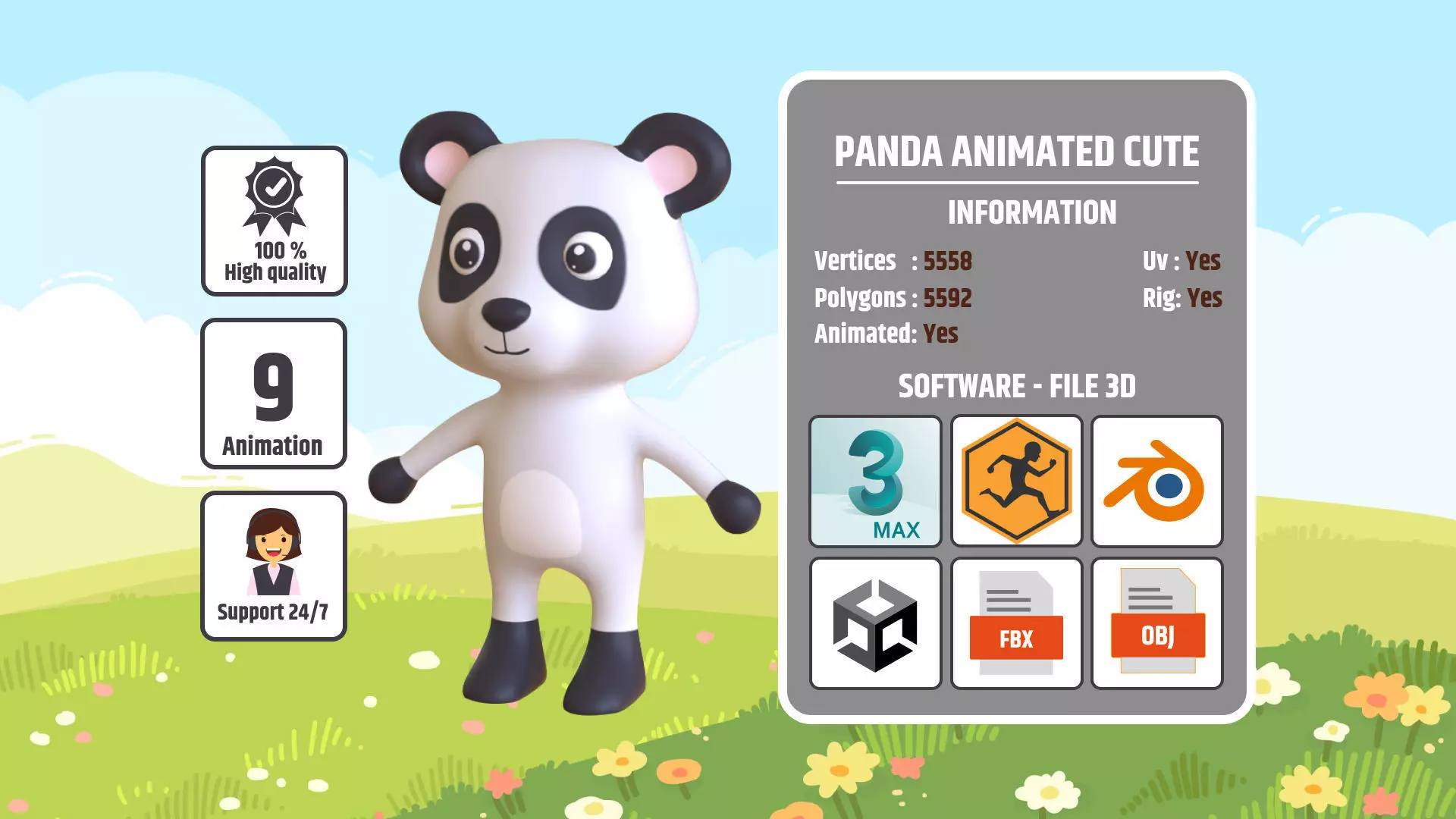 High-Quality 3D Cute Panda - Animated for Games Low-poly 3D model_0