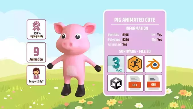 High-Quality 3D Cute Pig - Animated for Games Low-poly 3D model