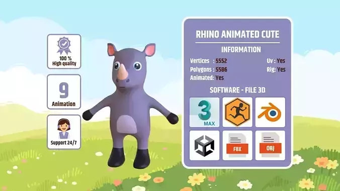 High-Quality 3D Cute Rhino - Animated for Games