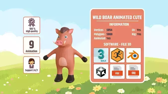 High-Quality 3D Cute Wild Boar - Animated for Games  Low-poly 3D model