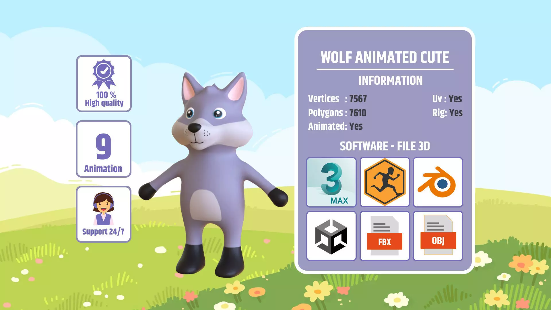 High-Quality 3D Cute Wolf - Animated for Games Low-poly 3D model