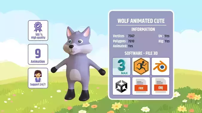 High-Quality 3D Cute Wolf - Animated for Games 