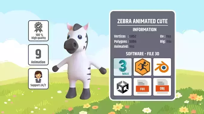 High-Quality 3D Cute Zebra - Animated for Games Low-poly 3D model