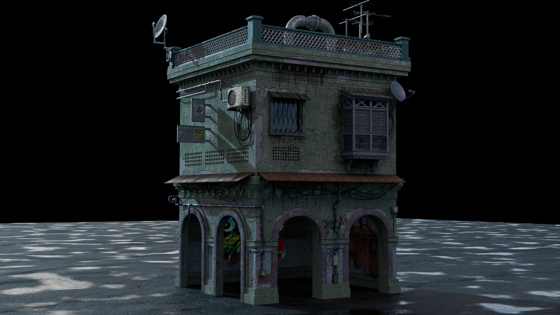 dilapidated two-story building 3D model_5