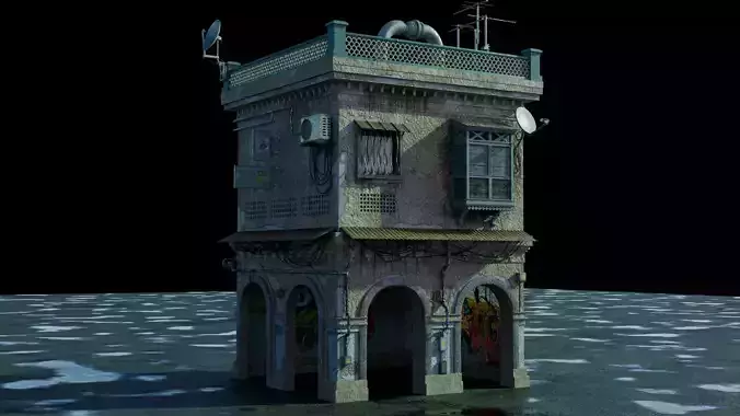 dilapidated two-story building 3D model