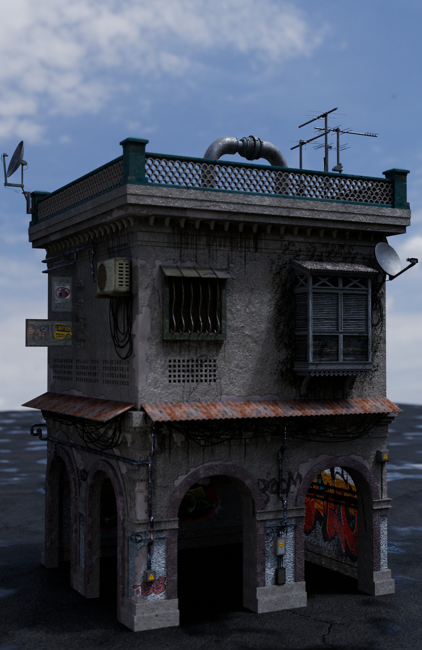 dilapidated two-story building 3D model_2