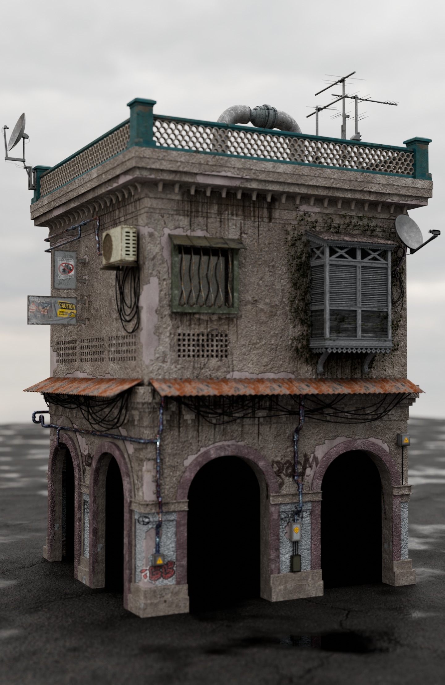 dilapidated two-story building 3D model_4
