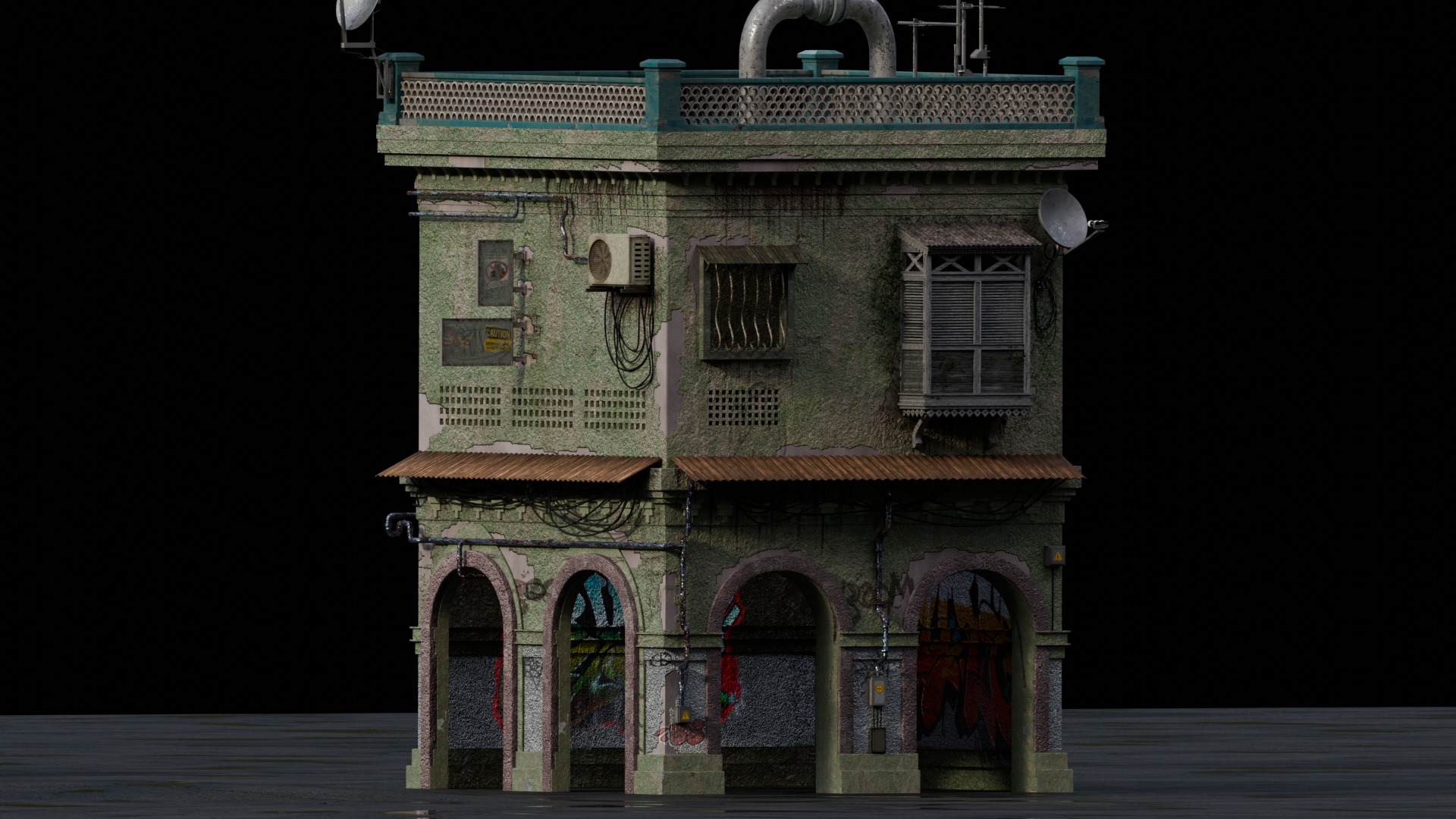dilapidated two-story building 3D model_3