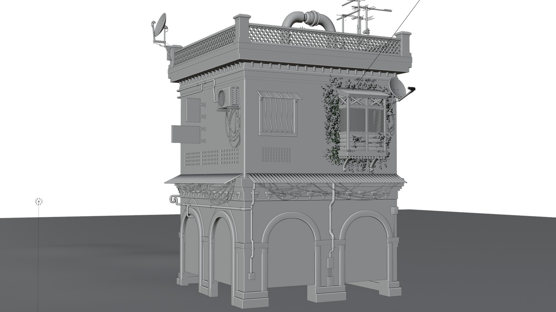 dilapidated two-story building 3D model_8