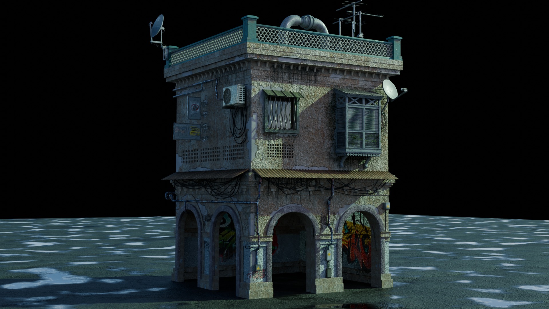 dilapidated two-story building 3D model_6