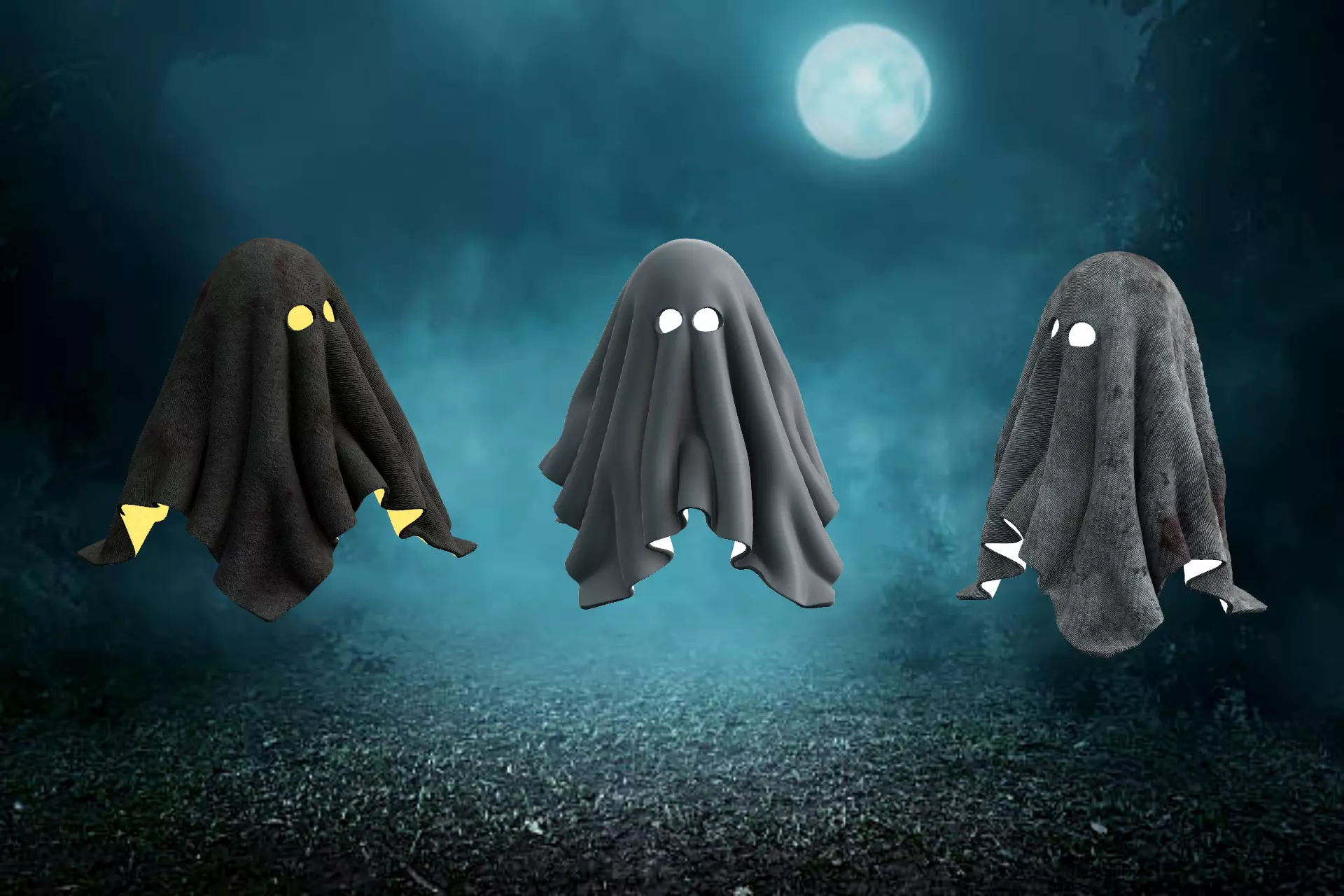 Flying Ghost in three different textures Low-poly 3D model