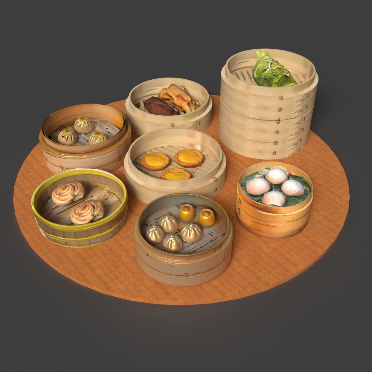 Chinese  dim sum with bamboo steamer  Low-poly 3D model_8