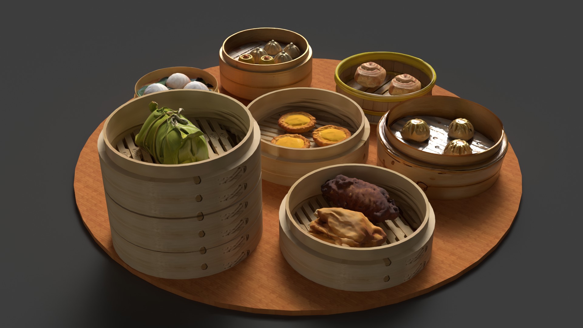 Chinese  dim sum with bamboo steamer  Low-poly 3D model_5