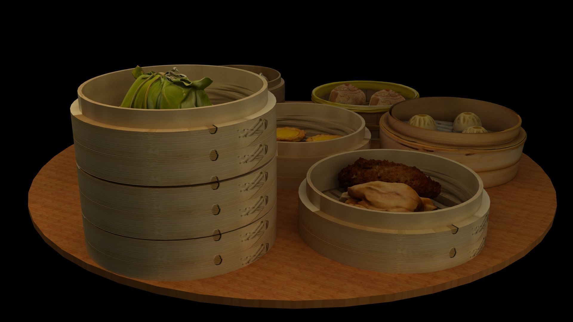 Chinese  dim sum with bamboo steamer  Low-poly 3D model_3