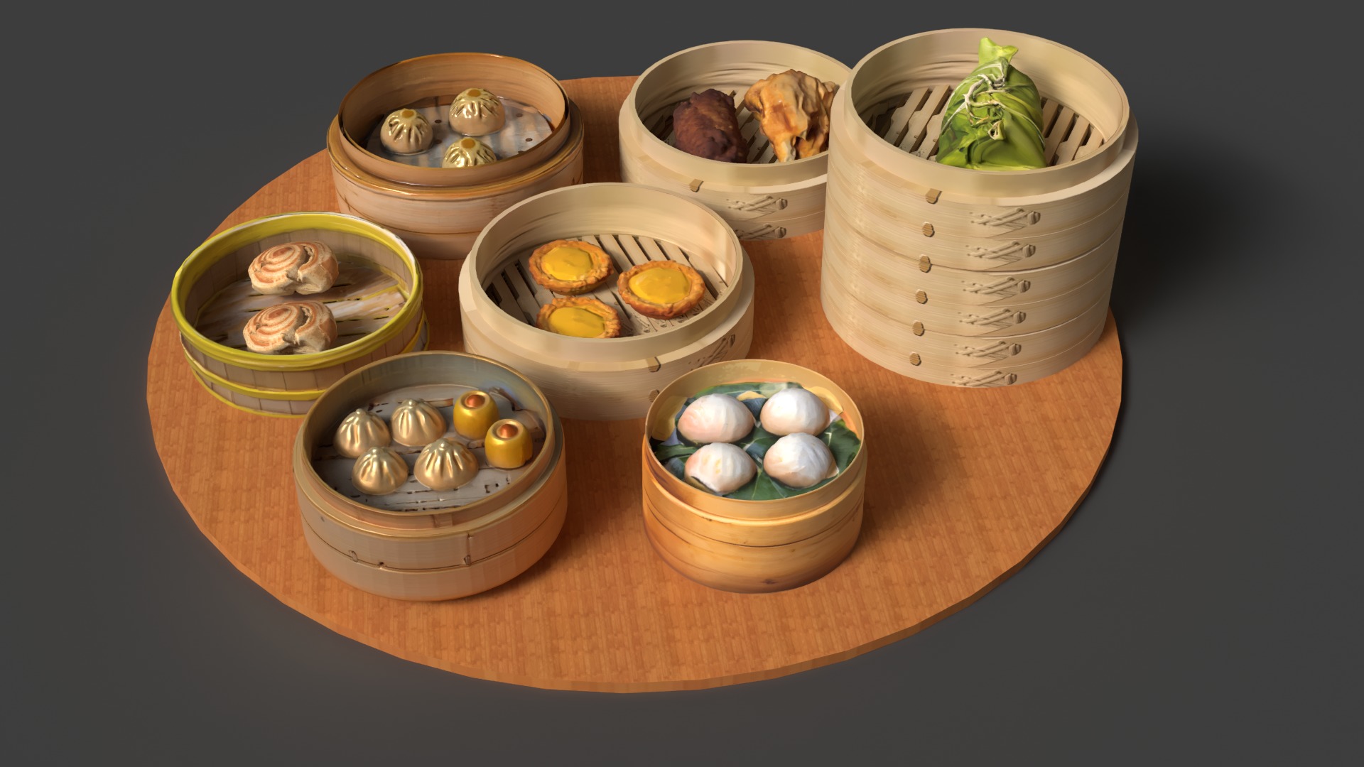 Chinese  dim sum with bamboo steamer  Low-poly 3D model_7