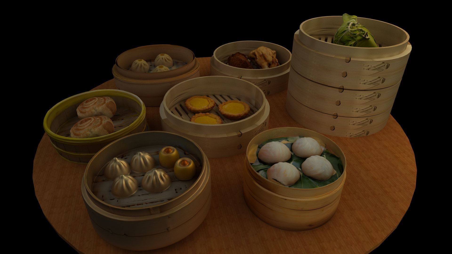 Chinese  dim sum with bamboo steamer  Low-poly 3D model_10