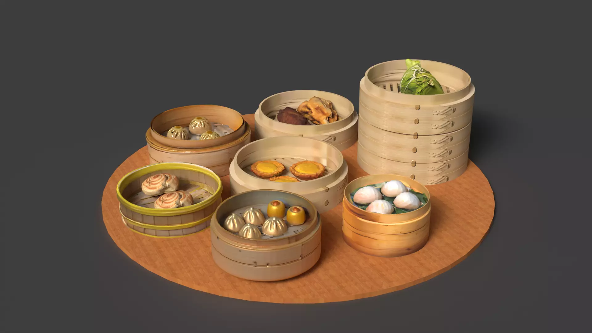 Chinese  dim sum with bamboo steamer  Low-poly 3D model_0