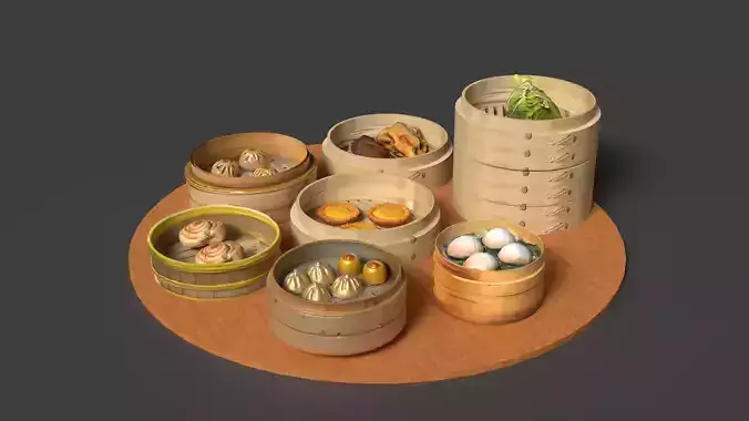 Chinese  dim sum with bamboo steamer  Low-poly 3D model