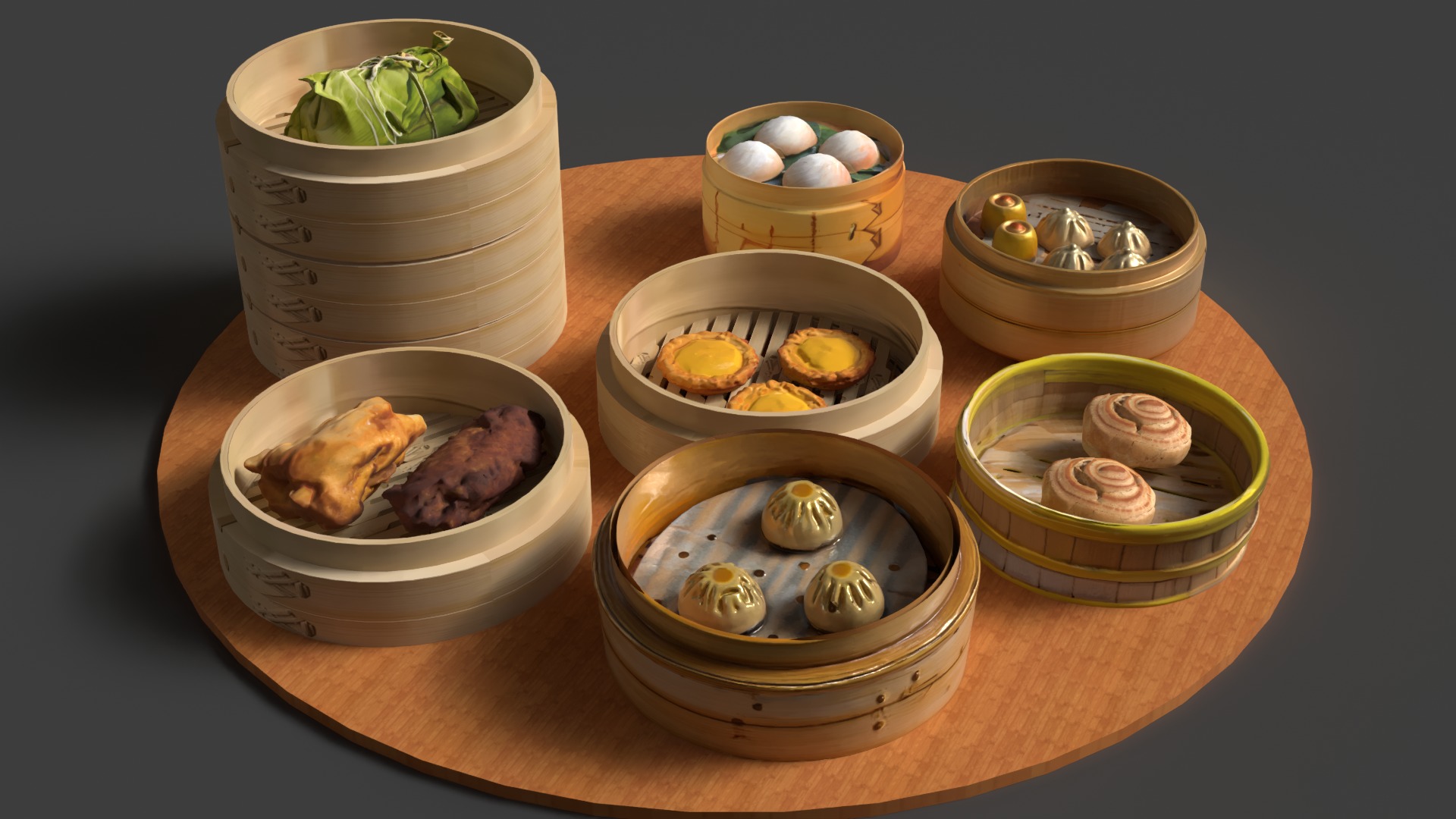 Chinese  dim sum with bamboo steamer  Low-poly 3D model_6