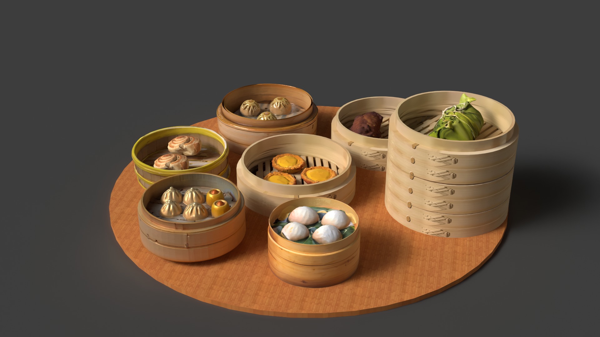 Chinese  dim sum with bamboo steamer  Low-poly 3D model_4