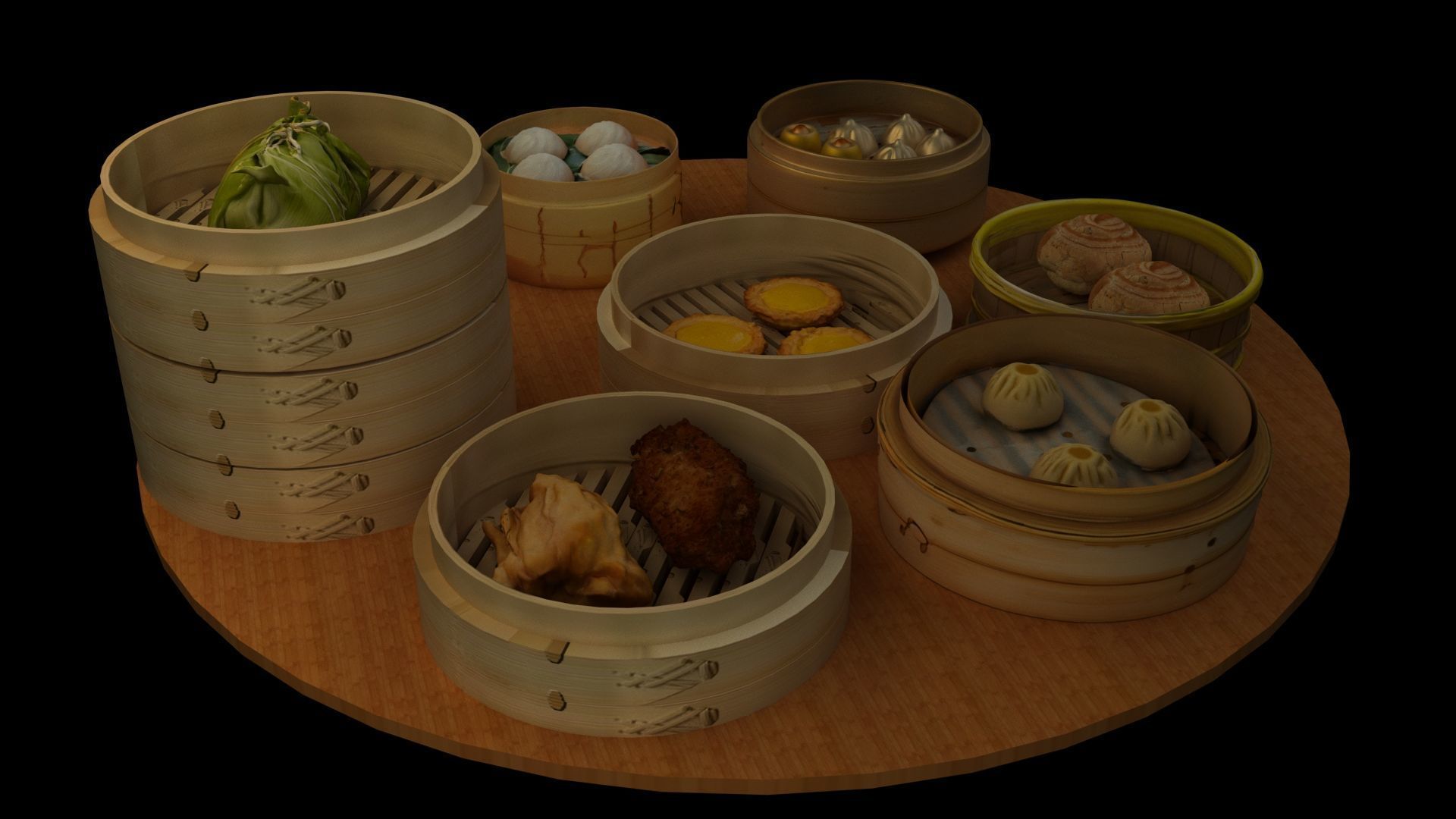 Chinese  dim sum with bamboo steamer  Low-poly 3D model_9