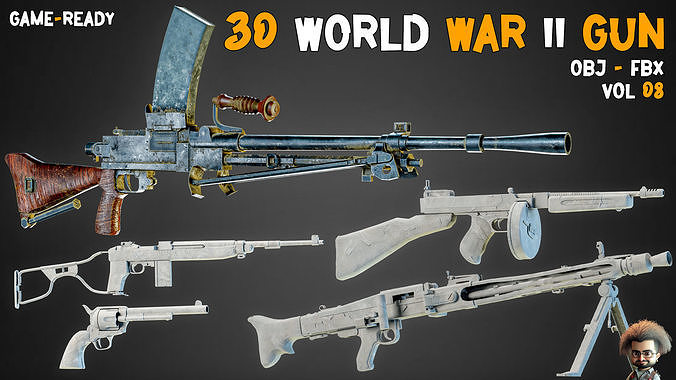 30 World War II Guns Base Mesh - Vol 08 Low-poly 3D model