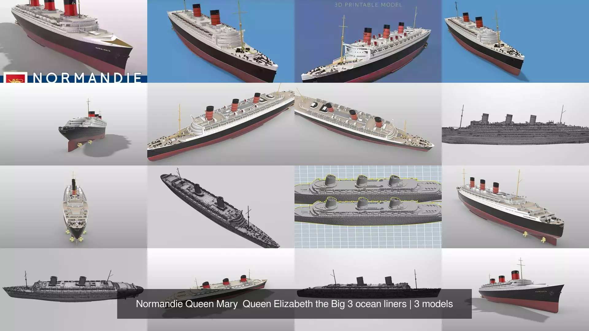 Normandie Queen Mary Queen Elizabeth the Big 3 ocean liners 3D Model Collection_2