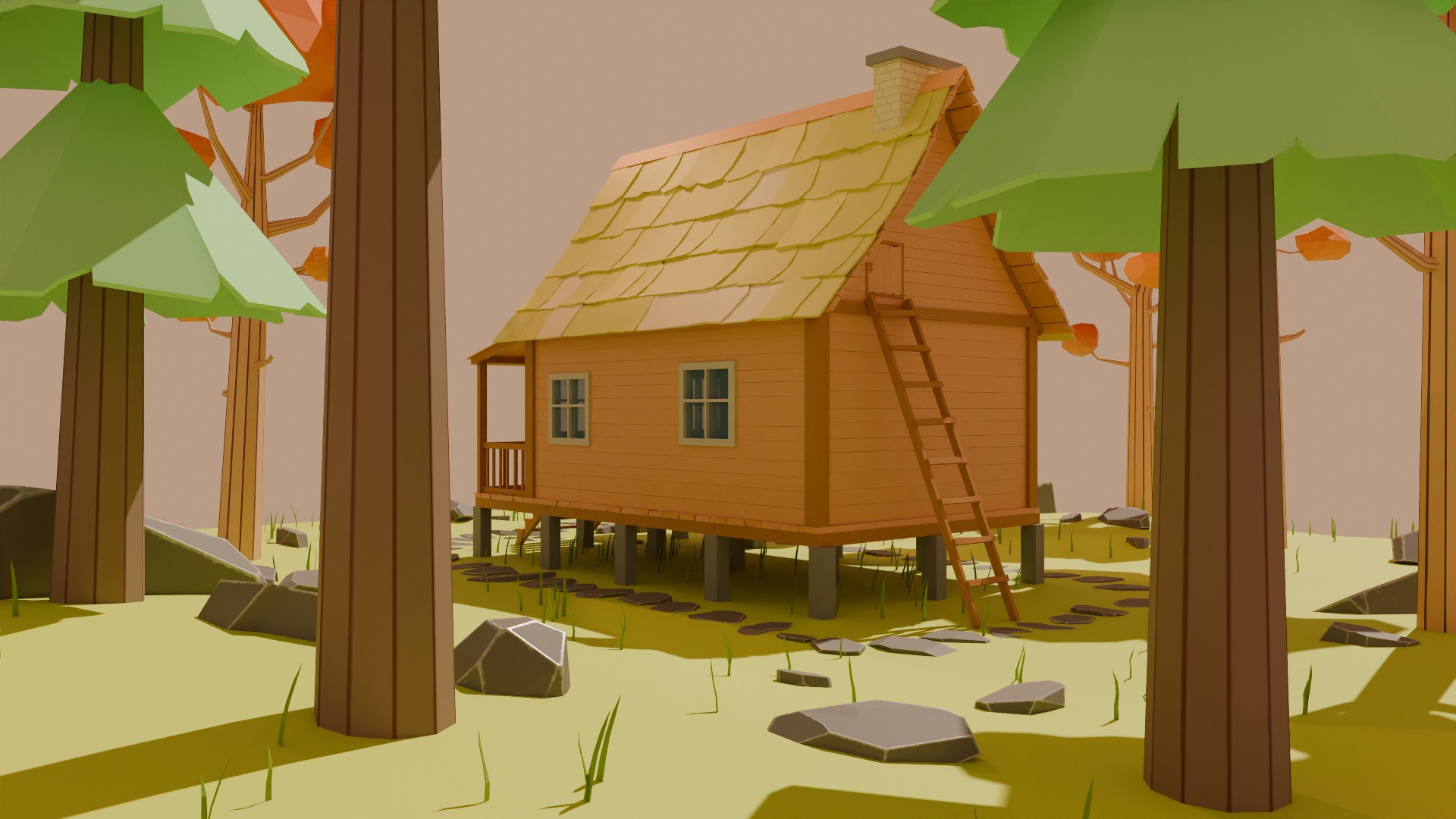 Cartoon Forest Cabin Low-poly 3D model_3