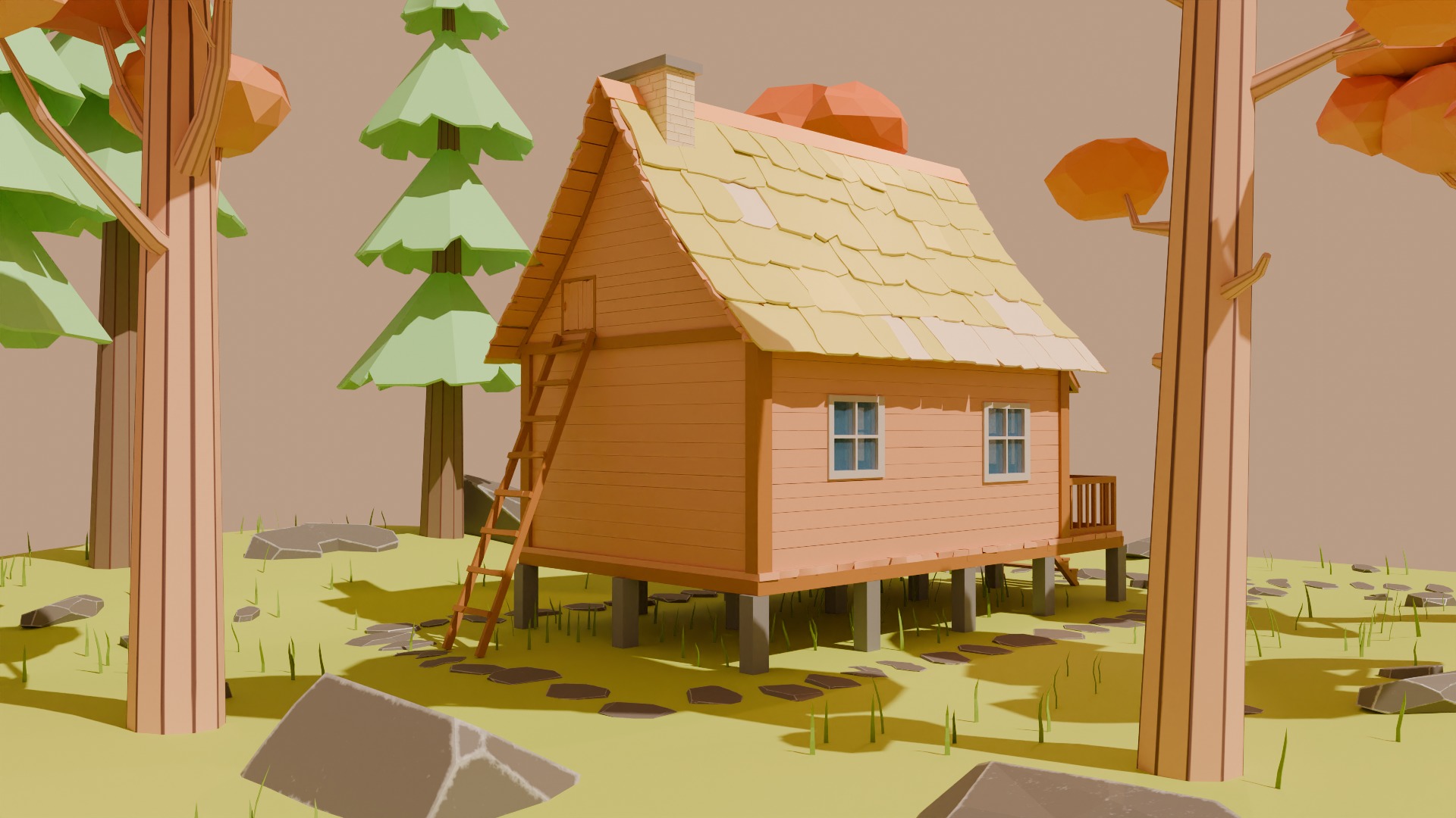 Cartoon Forest Cabin Low-poly 3D model_2
