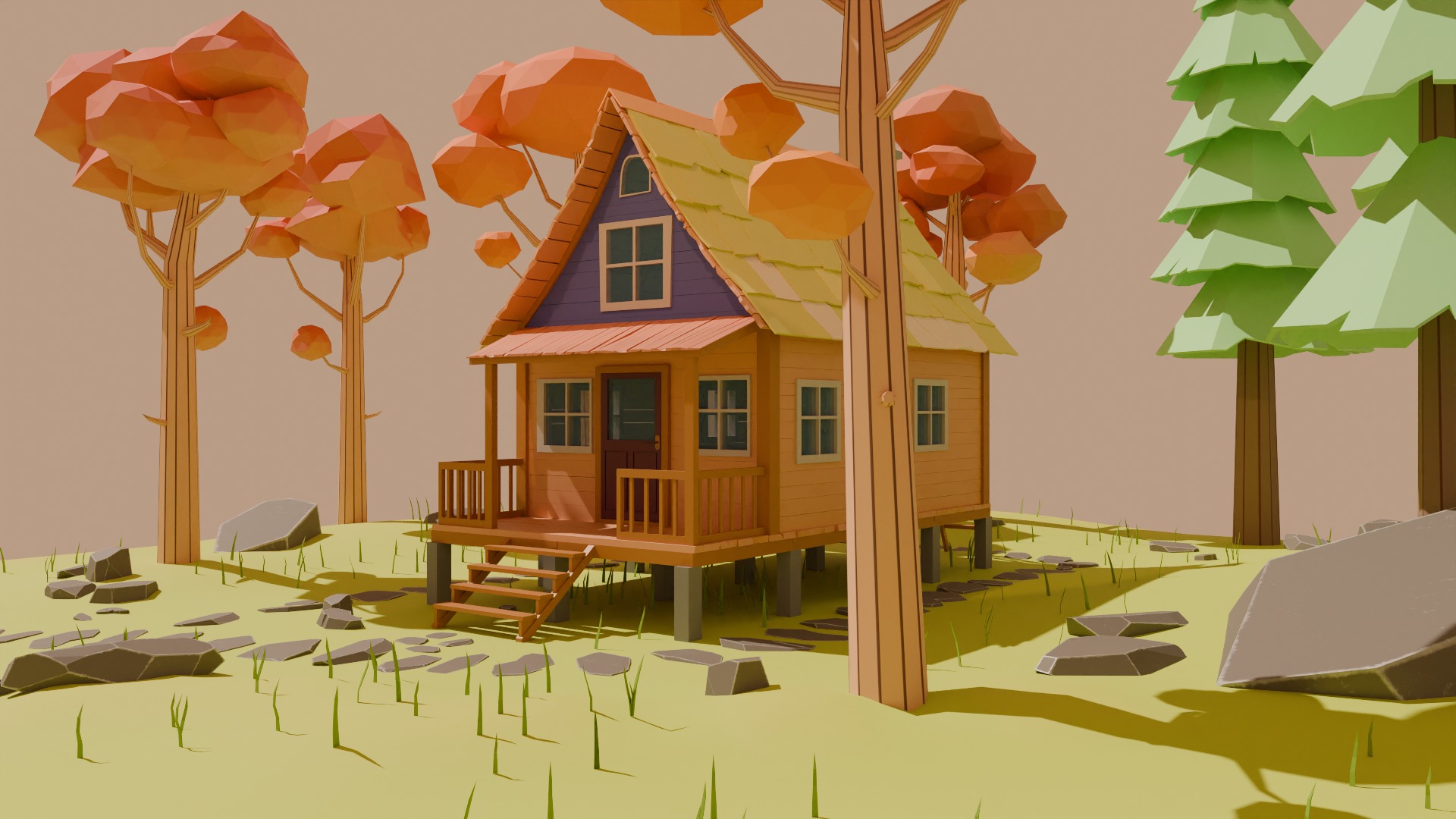 Cartoon Forest Cabin Low-poly 3D model_4