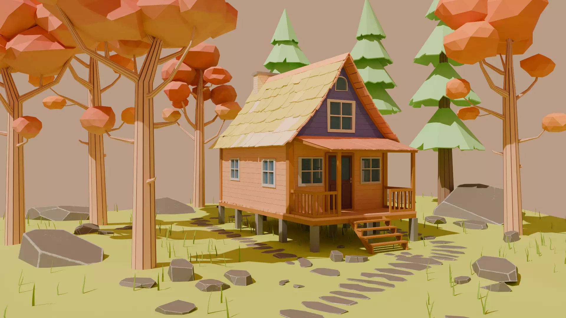 Cartoon Forest Cabin Low-poly 3D model_0