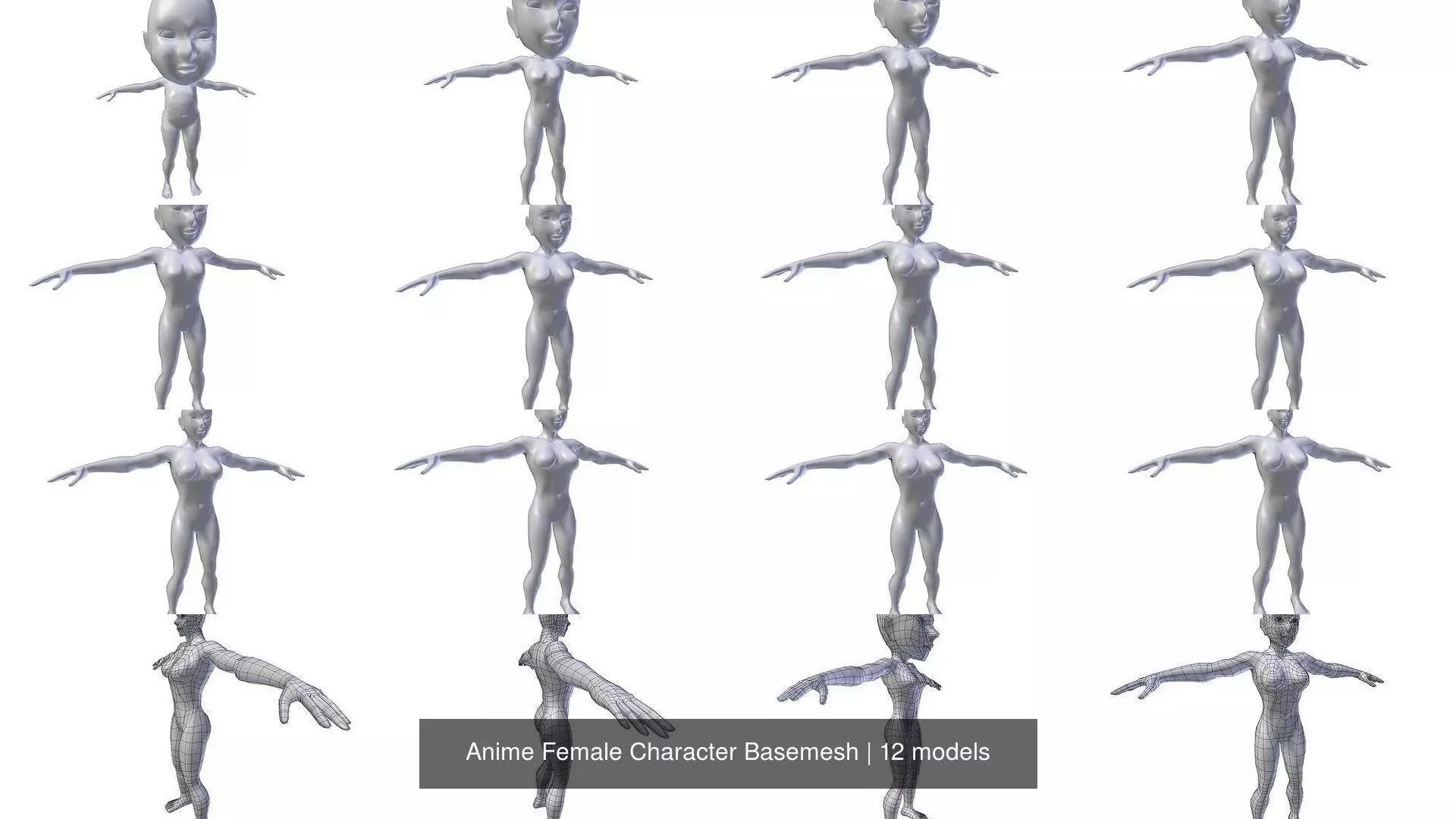 Anime Female Character Basemesh 3D Model Collection_0