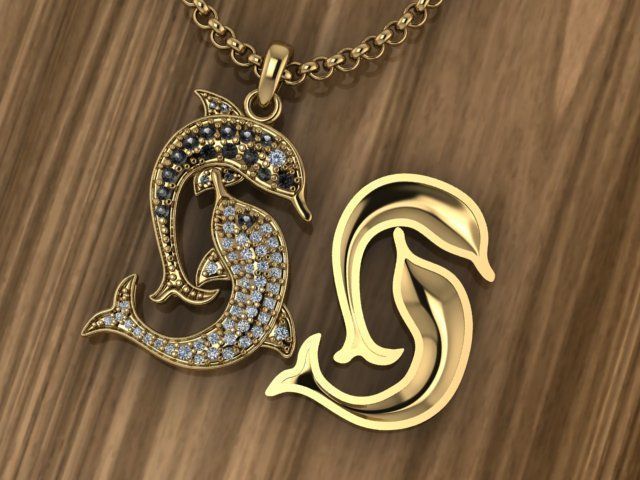 Dolphin pendant in gold silver 3D print model_2