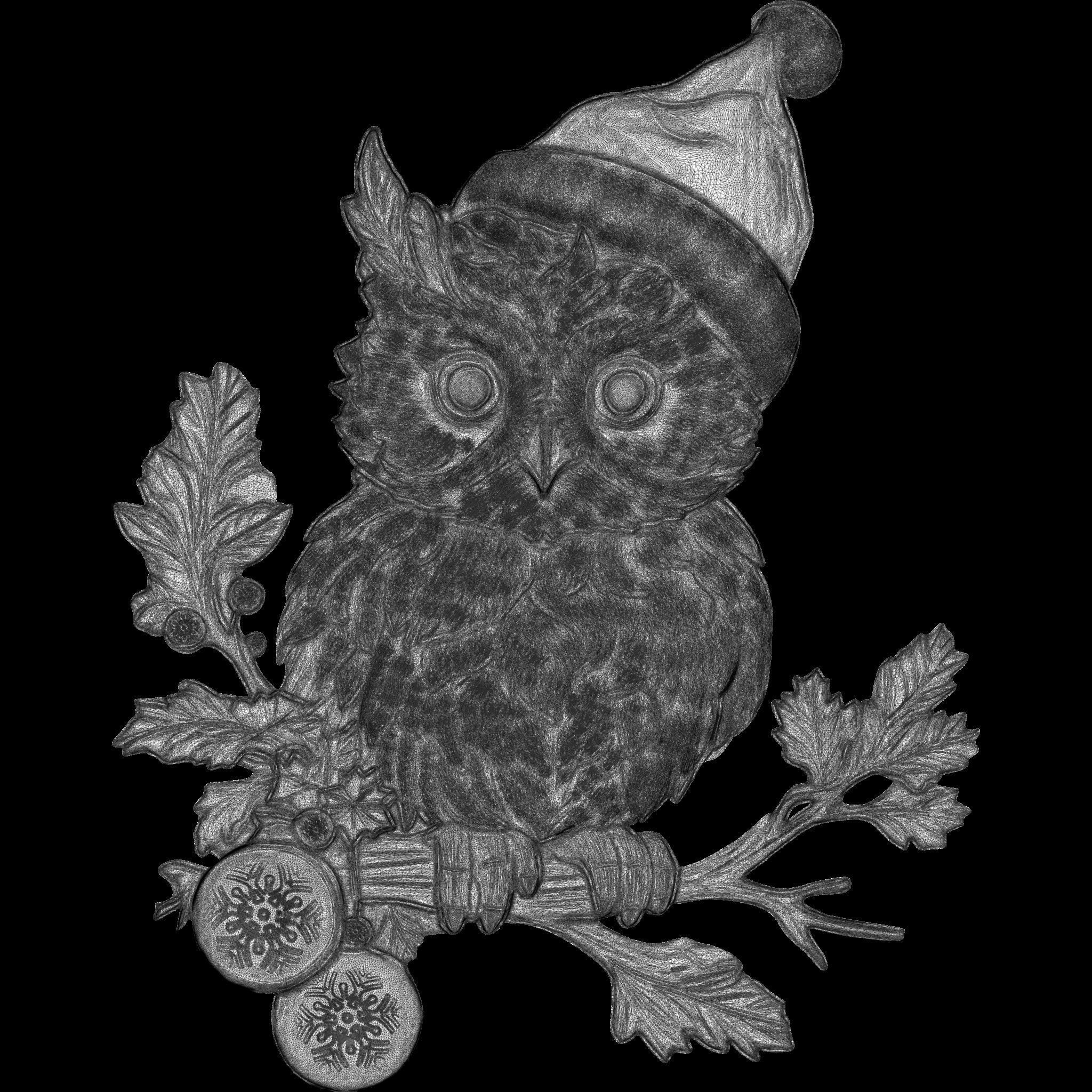 The Owl of Christmas Relief STL file for 3d Printing or CNC 3D print model_11