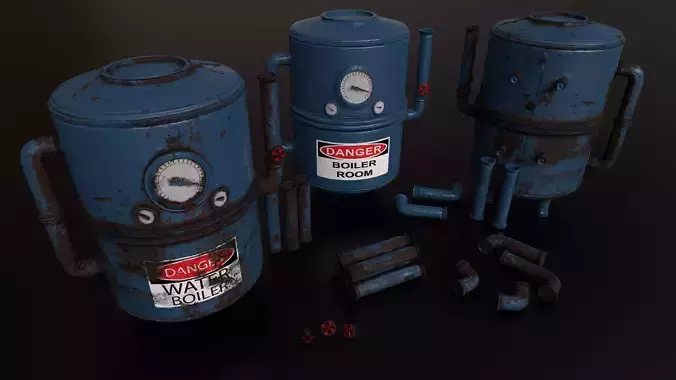 Water boiler pack pipes pack 5 parts boiler 11 parts Low-poly 3D model